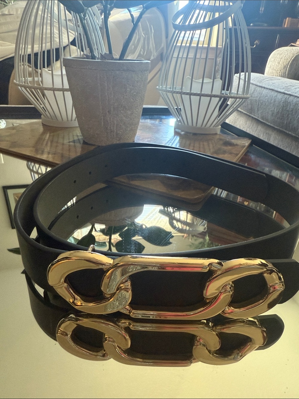 EXPRESS-Gold buckle black faux leather ladies XL Belt